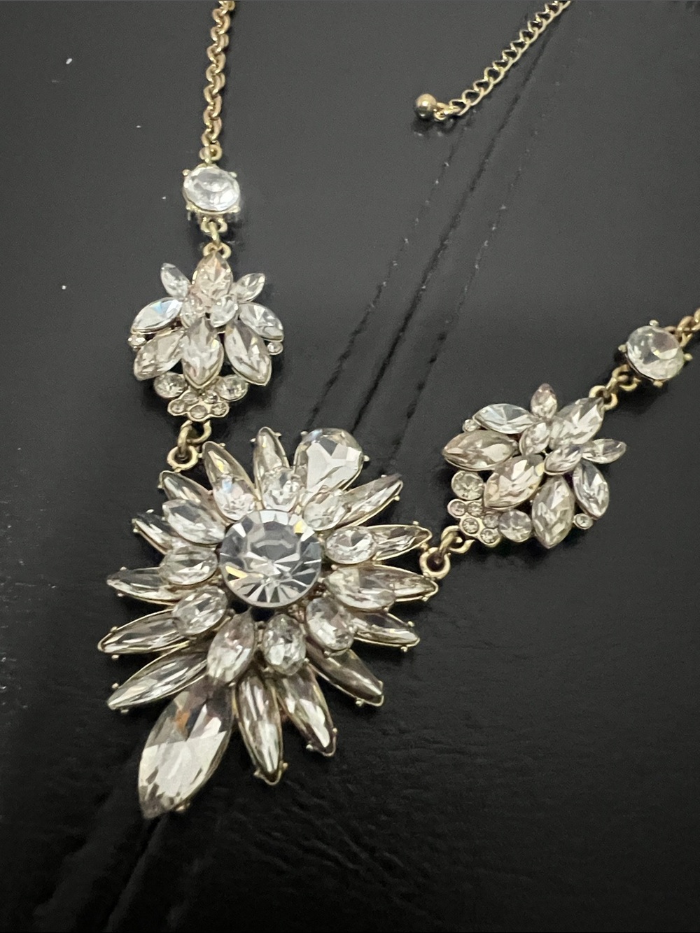 Gold-Tone Crystal Statement Necklace - Clear Crystal Floral Pendant - Picture 3 of 5